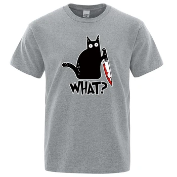 Funny Knife Cat Cartoon Printed T-Shirt Men Fashion Casual Short Sleeves Loose Oversized Cotton Tshirt Summer Breathable Tees