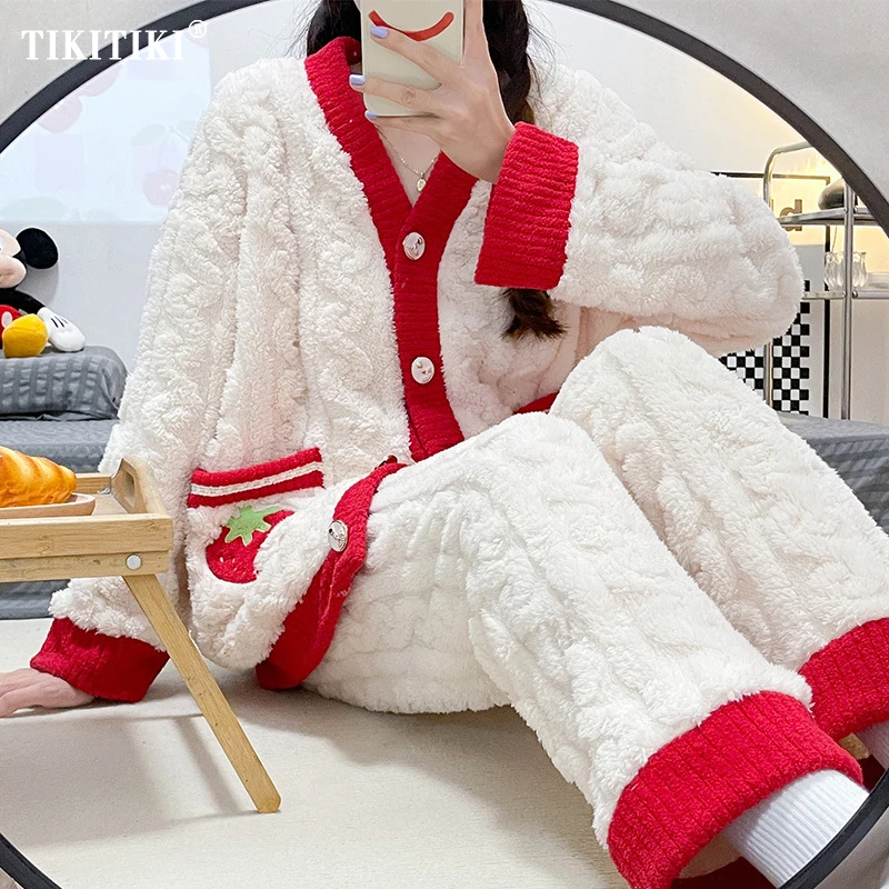

Утепленный теплый Пижамный комплект для женщин зимняя одежда для сна из кораллового флиса с длинными рукавами Свободная фланелевая Домашняя одежда костюм пижама женская зимняя