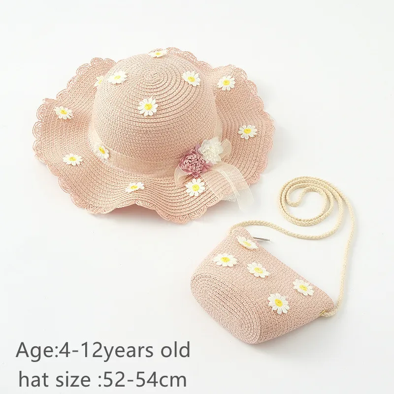 

2022 Summer Girl Weave Straw Hat Backpack New Sandy Beach Sun Caps Flower Messenger Bag Baby Cute Coin Purse Pocket Headgear