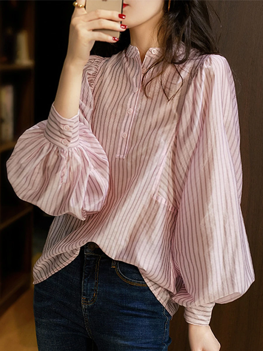 Женская блузка в полоску, с воротником-стойкой и пышными рукавами
Женская блузка в полоску, с воротником-стойкой и пышными рукавами