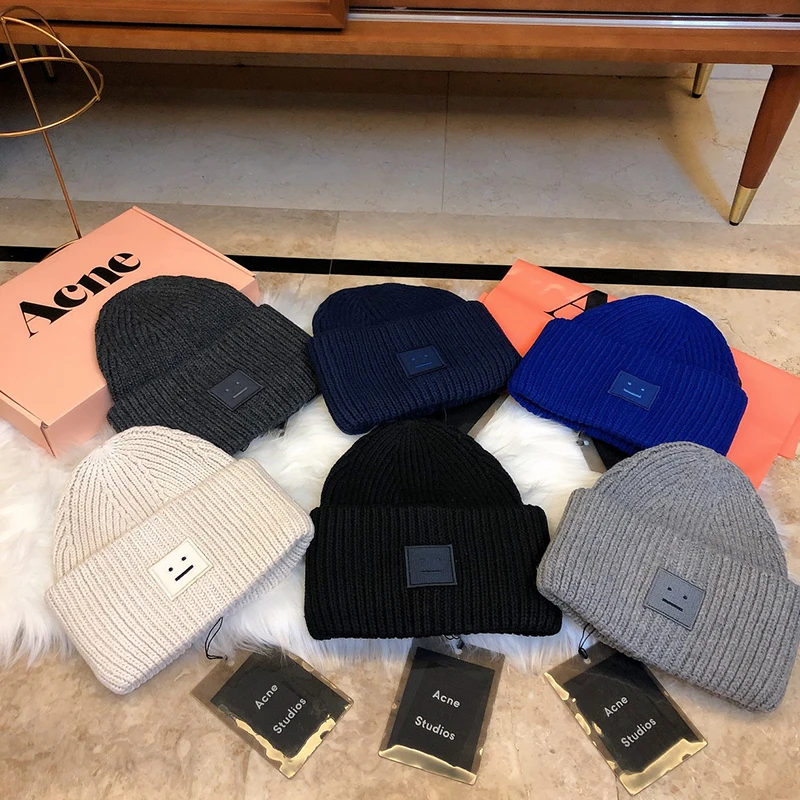 

New Acne Studios Men's Women's Winter Hats Face Patch Knit Beanie Smile Matching Hat Streetwear Black Solid Color Warm Beanies