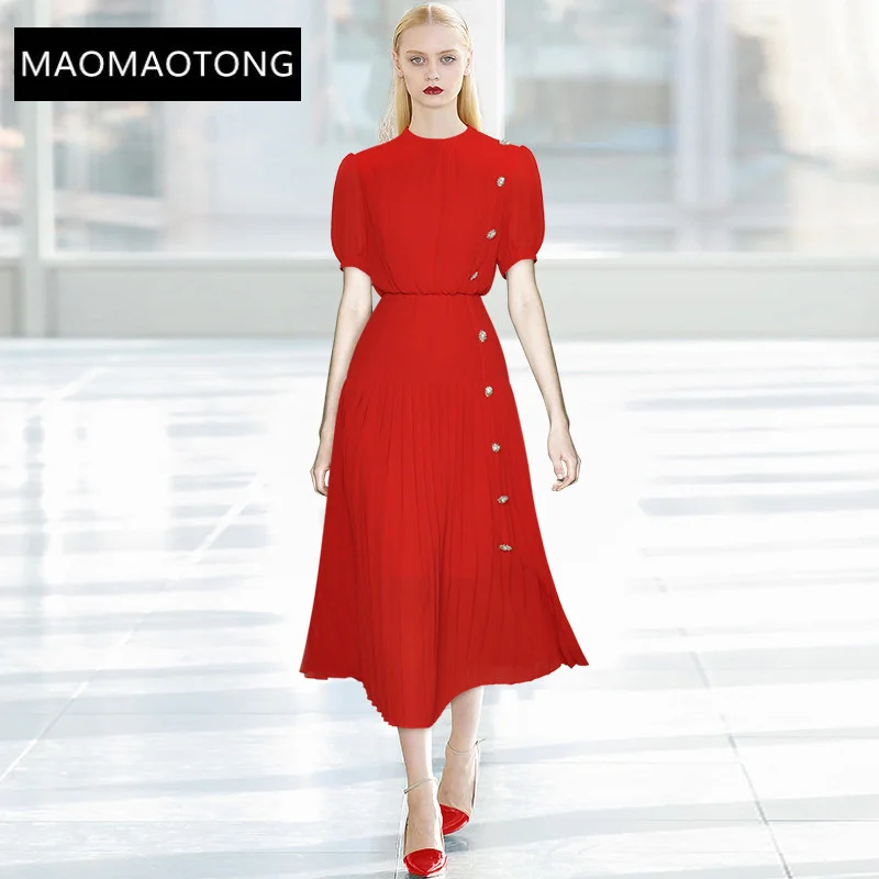 Fashion Runway dress Summer Women's Dress O-neck Puff sleeve Diamonds Buttons Slim Elegant Red Party Pleated Dresses
Fashion Runway dress Summer Women's Dress O-neck Puff sleeve Diamonds Buttons Slim Elegant Red Party Pleated Dresses