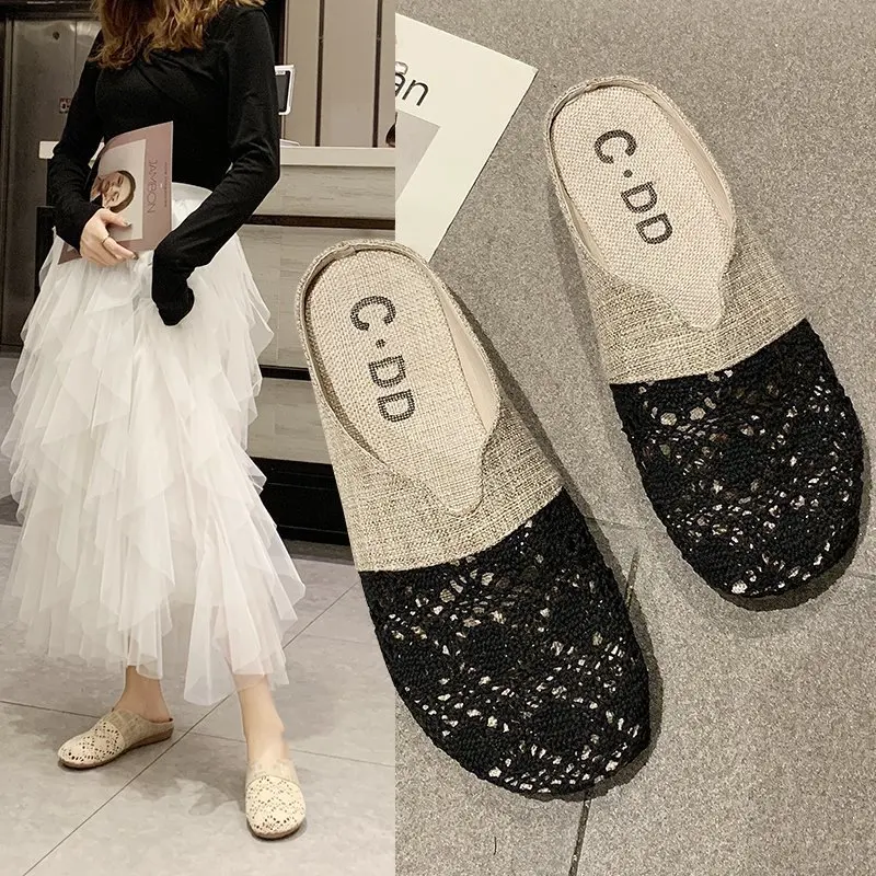 

Shoes Woman 2023 Fretwork Heels Cover Toe Loafers Female Slippers Low New Summer Flat Hemp Basic TPR Slides PU Fabric Hoof