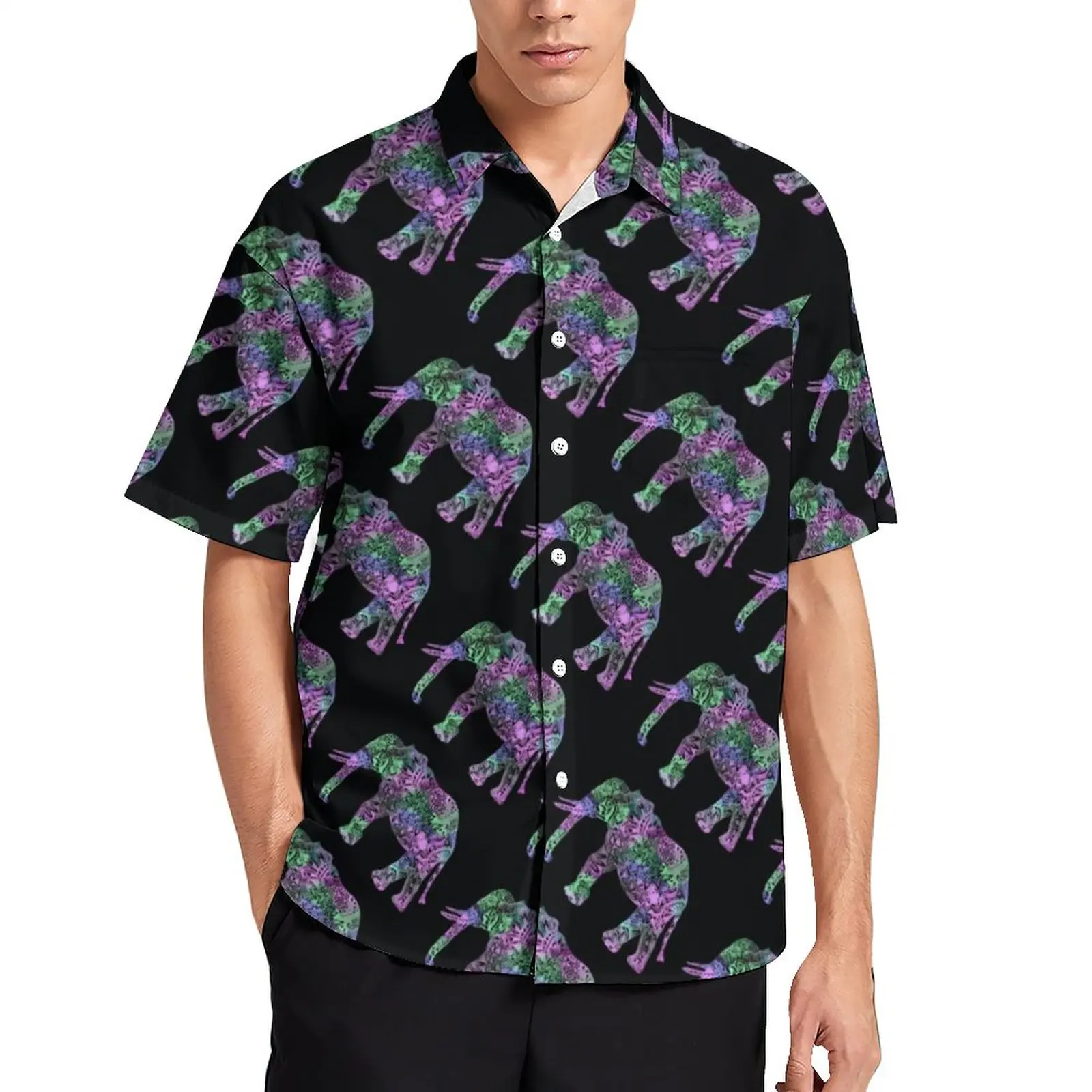 

Neon Elephant Blouses Man Colorful Tribal Print Casual Shirts Summer Short Sleeve Design Retro Oversized Vacation Shirt Gift