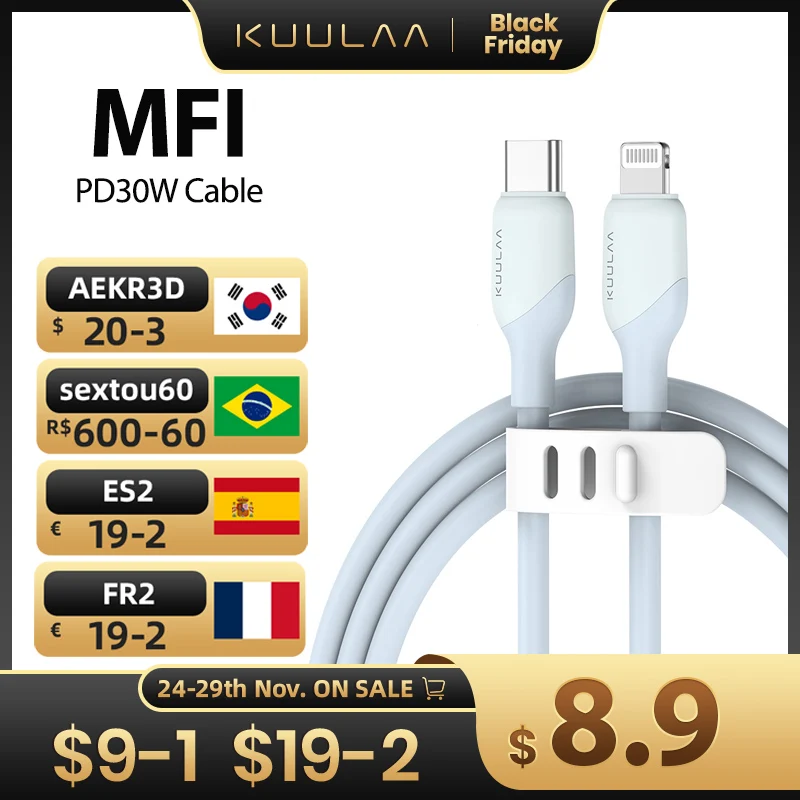 Кабель MFI KUULAA с USB C на Lightning для iPhone быстрая зарядка PD 30 Вт Type 14 13 12 11 Pro Max X XS XR 8 |