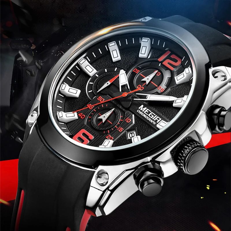 

Megir Men's Chronograph Analogue Quartz Watches Fashion Rubber Strap Sport Wristwatch with Luminous Hands for Boys 2063GS-BK-1