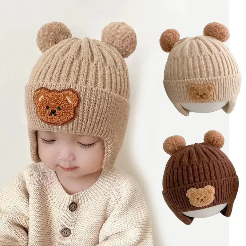 

Шапка с мультяшным медведем, защитная детская зимняя вязаная шапка для малышей, мальчиков и девочек, милые корейские теплые детские вязаные шапки для малышей