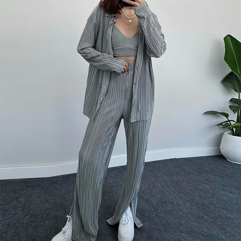 Streetwear Gray Split Wide Leg Pant Sets Sexy Camisole Vest Long Sleeves Shirt Suit Autumn Casual 3 Piece Sets Womens Outifits
Streetwear Gray Split Wide Leg Pant Sets Sexy Camisole Vest Long Sleeves Shirt Suit Autumn Casual 3 Piece Sets Womens Outifits