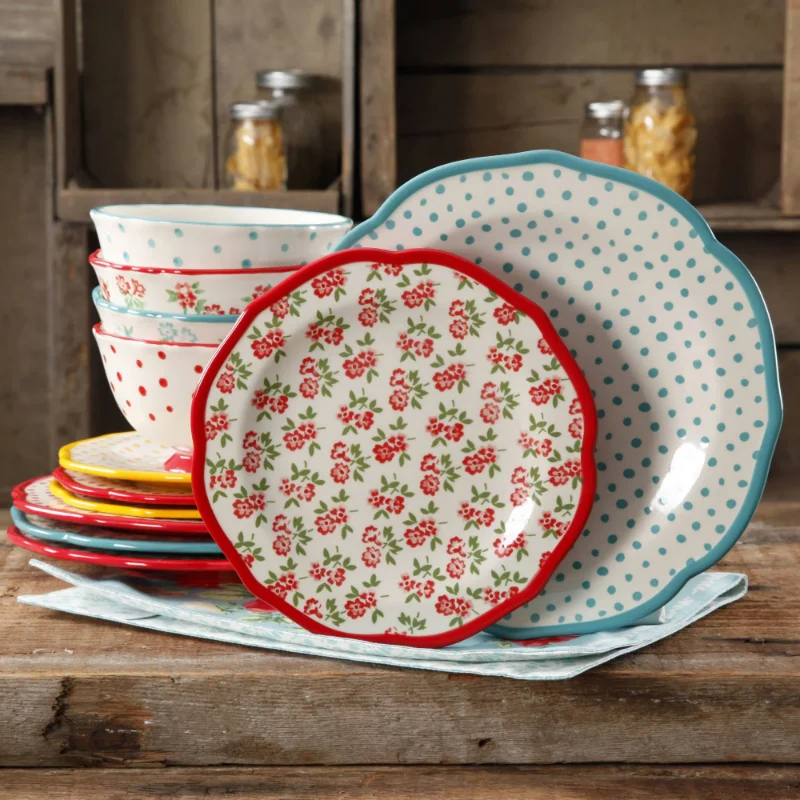 

Традиционный цветочный и ретро набор посуды пионерской женщины в горошек из 12 предметов, Обеденный набор, Тарелки и блюда, набор посуды