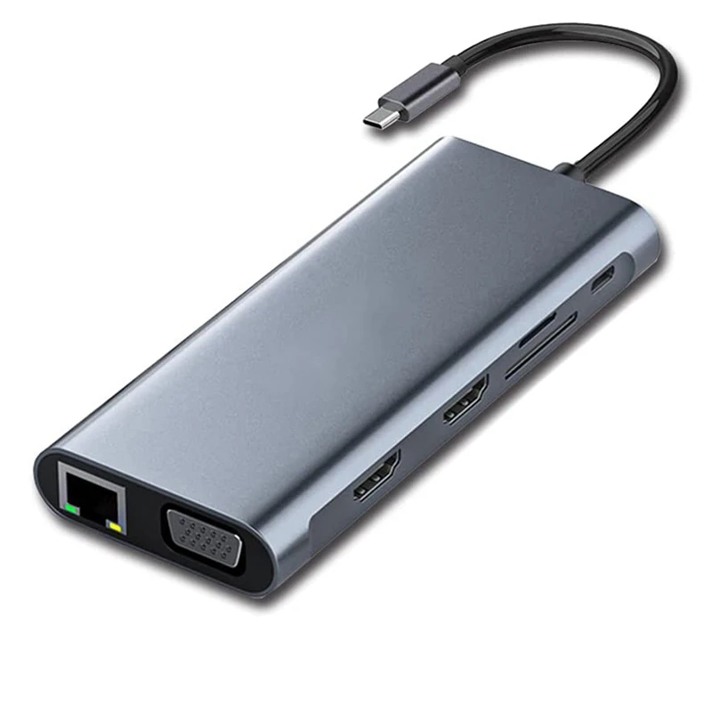 Док-станция 12 в 1 типа C, док-станция с двумя совместимыми с HDMI сетевыми портами VGA, хаб для компьютера и Windows 
Док-станция 12 в 1 типа C, док-станция с двумя совместимыми с HDMI сетевыми портами VGA, хаб для компьютера и Windows