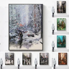 Abstract City Landscape Oil Painting Printed on Canvas Wall Art Rainy Day Street Road Posters and Prints for Living Room Decor