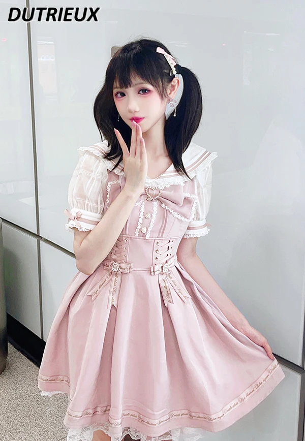 Summer Women's Dress Japanese Style Girl Sweet Cute Sailor Collar Fashion Short Sleeve Dress Lolita Elegant Dress for Lady
Summer Women's Dress Japanese Style Girl Sweet Cute Sailor Collar Fashion Short Sleeve Dress Lolita Elegant Dress for Lady