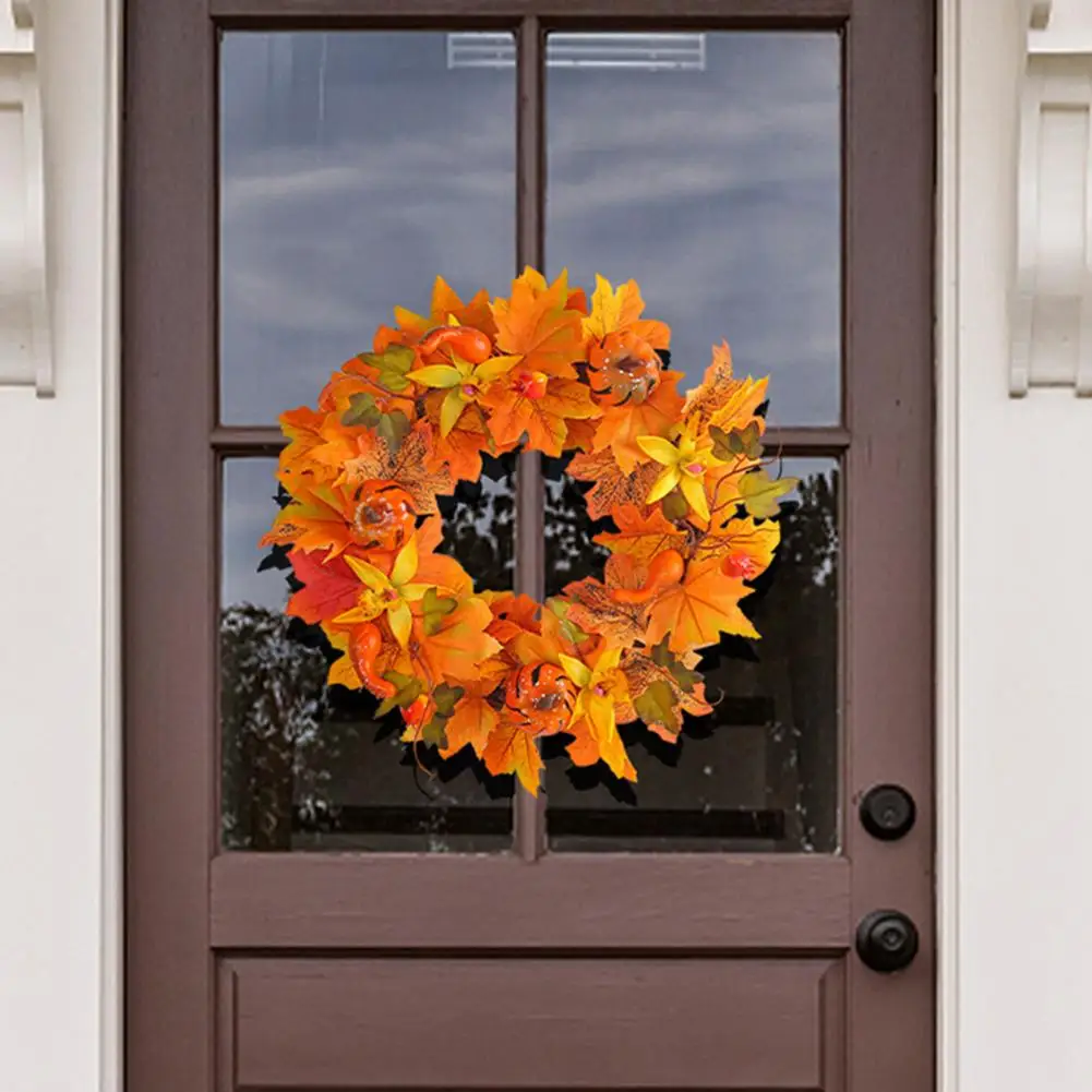 

Дверной венок на Хэллоуин, венок из искусственных кленовых листьев, праздничные принадлежности, реалистичный кленовый венок с тыквой, Осенний искусственный венок «сделай сам»
