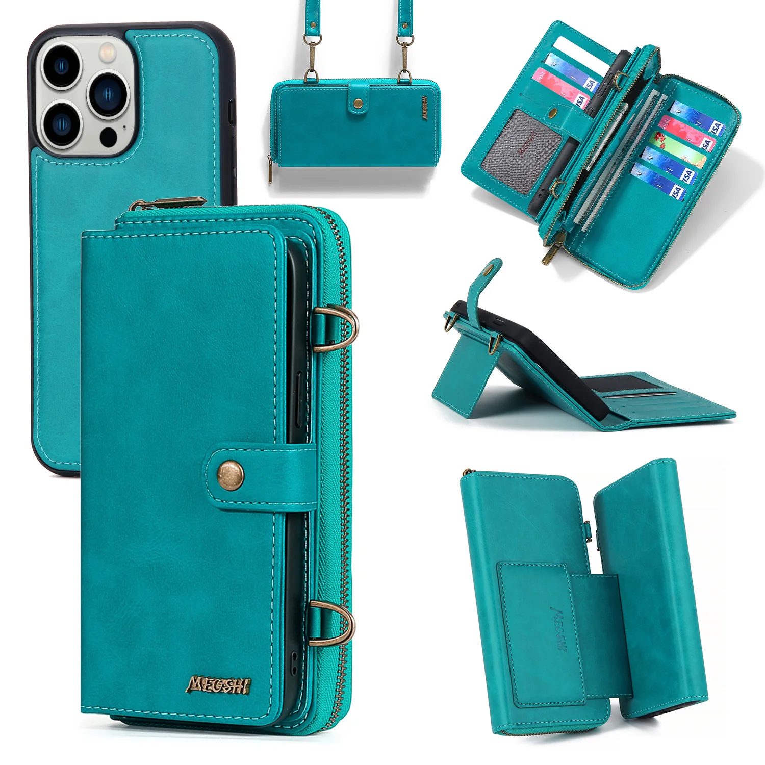 

Съемный кожаный чехол-бумажник для телефона iPhone 14 11 12 13 Pro Max с ремешком, очаровательный чехол с цепочкой через плечо