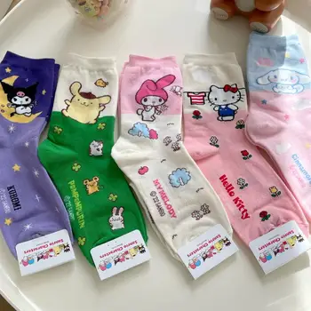 Sanrios Hello Kitty Socks Kuromi Kawaii My Melody Cinnamoroll Cartoon Anime Harajuku Mid-Tube Sports Breathable Cotton Sock Gift