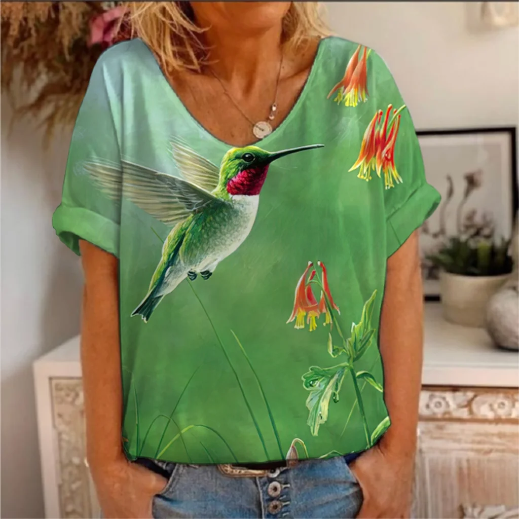 2022 Fashion Women's Flowers Birds Print T-shirt Short Sleeve V-neck Short-sleeved Summer Oversized Casual Loose Female Tees
2022 Fashion Women's Flowers Birds Print T-shirt Short Sleeve V-neck Short-sleeved Summer Oversized Casual Loose Female Tees