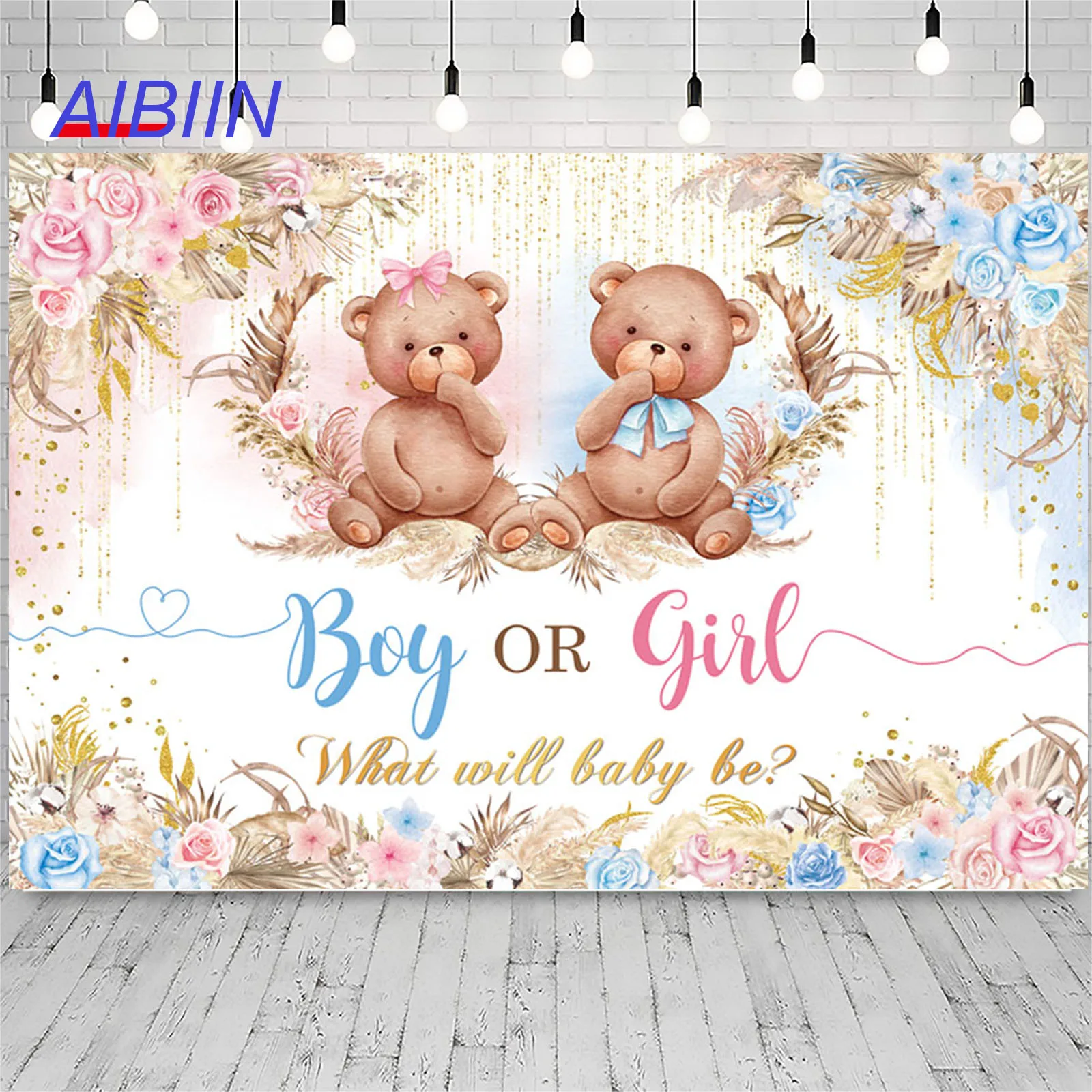 

Bear Gender Reveal Backdrop Boy or Girl He or She Baby Shower Party Decorations Supplies Flowers Pregnant Photography Background