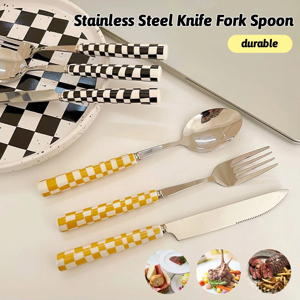 3PCS Checkerboard Color Stainless Steel Knife Fork Spoon Set Children Fork Knife Dessert Spoon Family Travel Camping Cutlery Set
3PCS Checkerboard Color Stainless Steel Knife Fork Spoon Set Children Fork Knife Dessert Spoon Family Travel Camping Cutlery Set