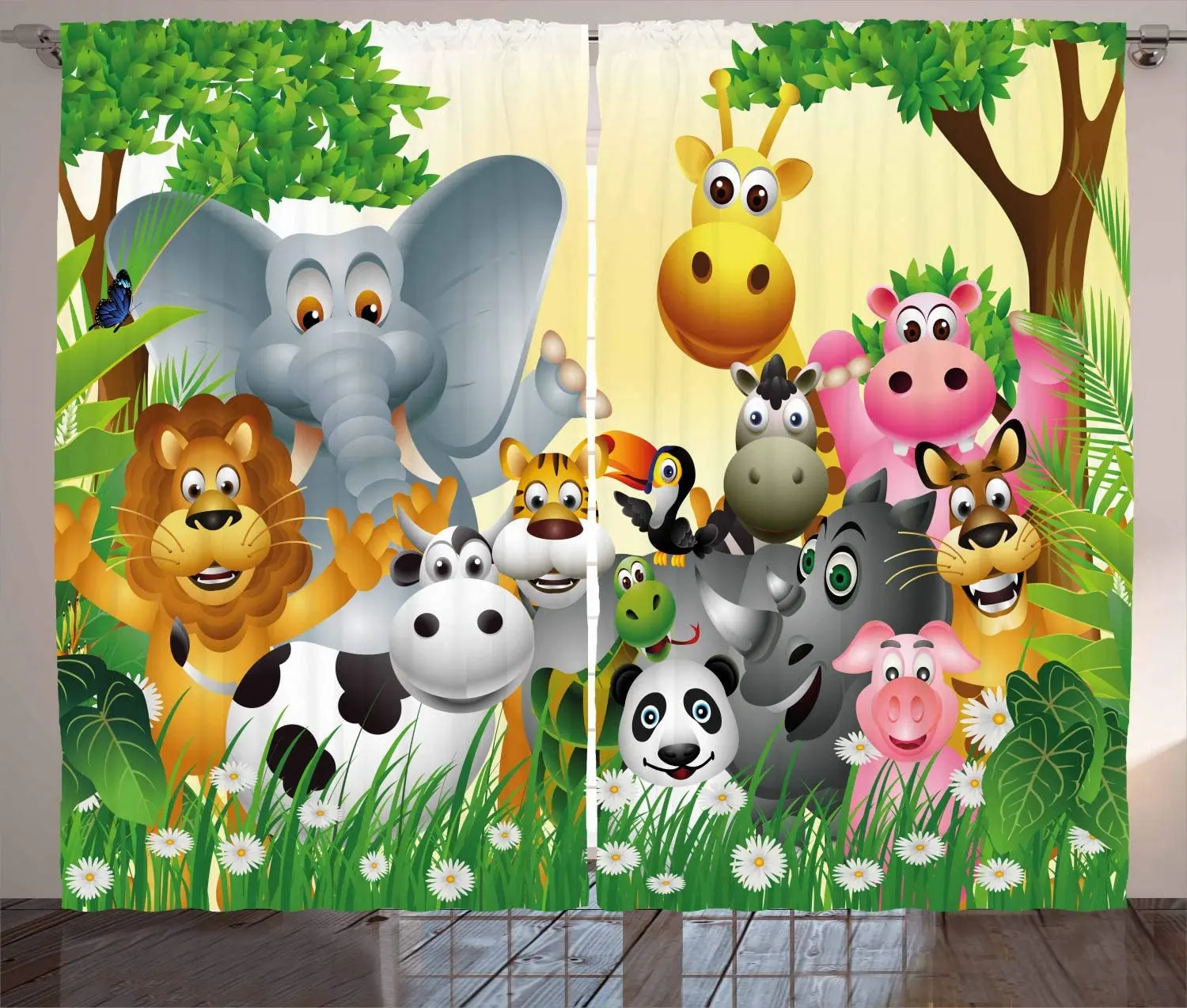 

Animal Curtains for Kid's Bedroom Animals in Jungle Elephant Giraffe Panda Bear Pig Lion Hippo Rhino Cartoon Art Window Drapes