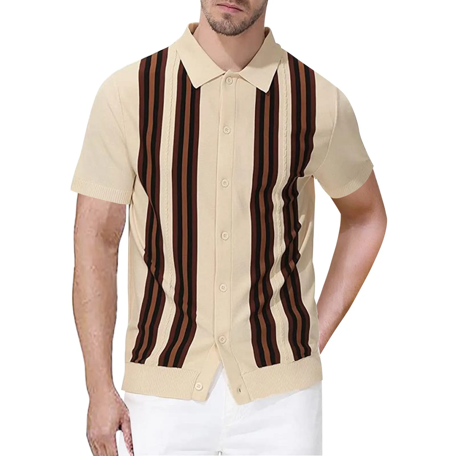 Мужской Модный повседневный однобортный Кардиган в полоску с отложным воротником, футболка с коротким рукавом, куртка, Топ
Мужской Модный повседневный однобортный Кардиган в полоску с отложным воротником, футболка с коротким рукавом, куртка, Топ