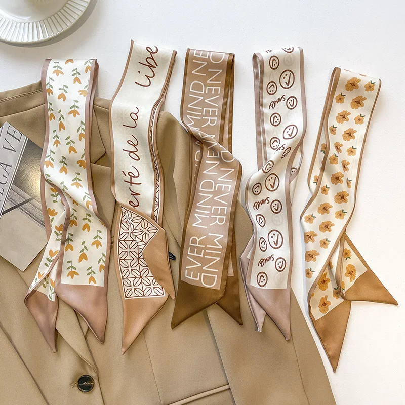 

Ins Silk Scarf for Lady Hairbands Design Print Khaki Color Neck Ties Bands Female Summer Spring Floral Bag Handle Ribbons