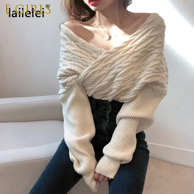 E GIRLS Chic Off Shoulder Sexy V-neck Cross Loose Twist Patchwork Sweaters Solid Color Long Sleeve Knitted Autumn Spring
E GIRLS Chic Off Shoulder Sexy V-neck Cross Loose Twist Patchwork Sweaters Solid Color Long Sleeve Knitted Autumn Spring
