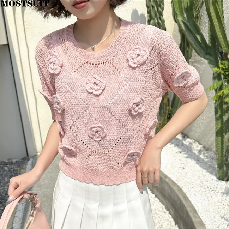 Summer Elegant Hollow Knit Sweater Tshirt Women's Pullover Tees Stereo Flower Fashion Stylish Ladies Knitwear Tops Jumpers 2023
Summer Elegant Hollow Knit Sweater Tshirt Women's Pullover Tees Stereo Flower Fashion Stylish Ladies Knitwear Tops Jumpers 2023