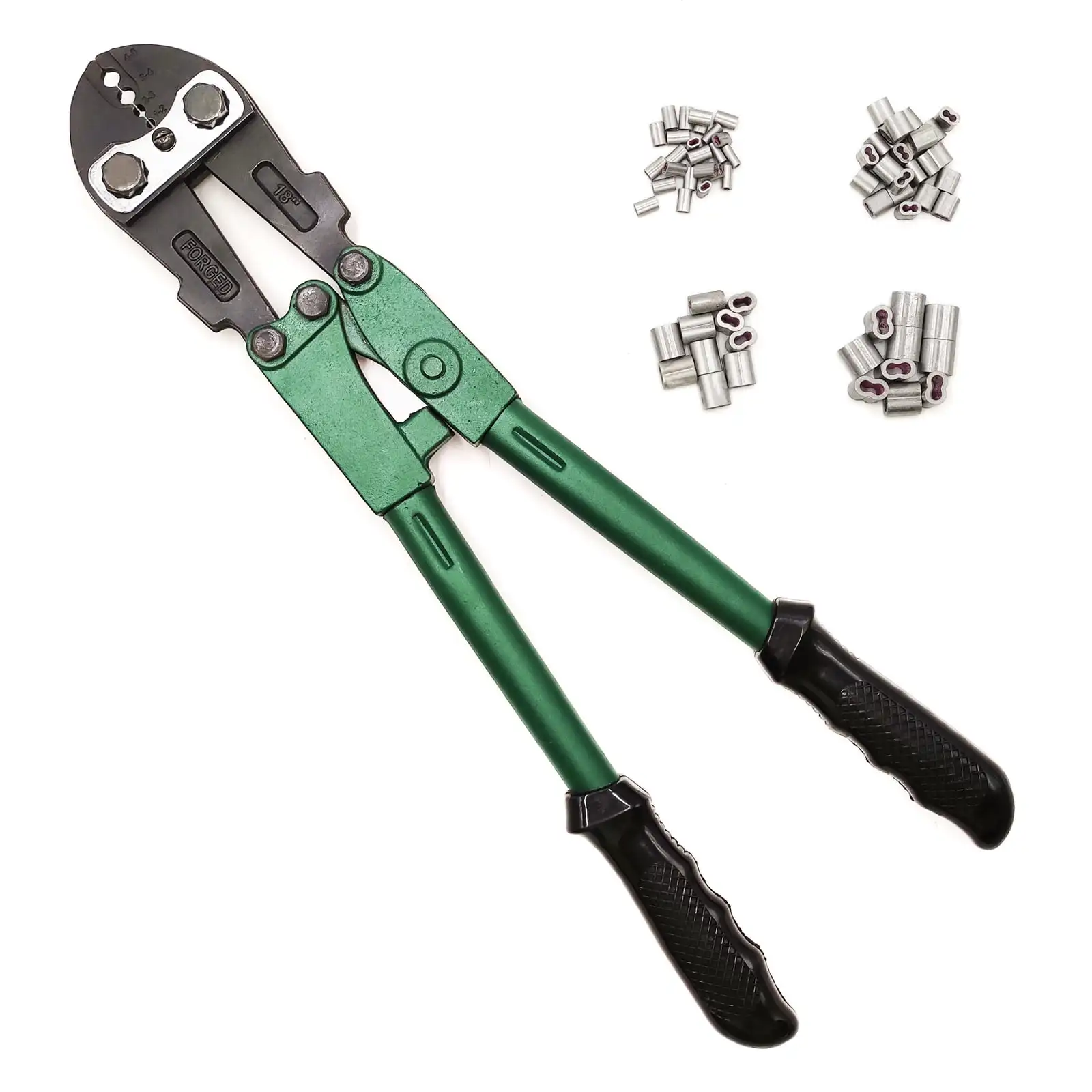 4 Slot Crimping Swaging Tool Kit to Join High Tensile Steel Wires, Ropes with 4 Sizes Assorted Sleeves, Spanner & Gauge Tool, 18
4 Slot Crimping Swaging Tool Kit to Join High Tensile Steel Wires, Ropes with 4 Sizes Assorted Sleeves, Spanner & Gauge Tool, 18