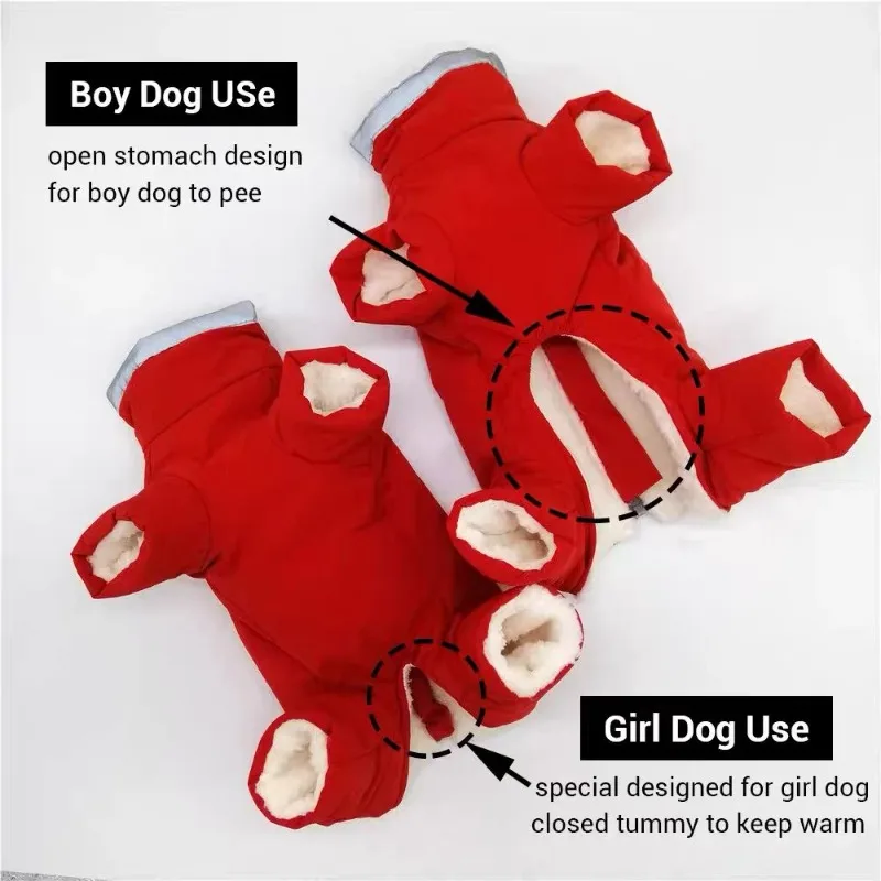 Dog winter clothing, warm and waterproof pet four legged jumpsuit, male/female dog reflective puppy jacket, puppy down jacket 
Dog winter clothing, warm and waterproof pet four legged jumpsuit, male/female dog reflective puppy jacket, puppy down jacket