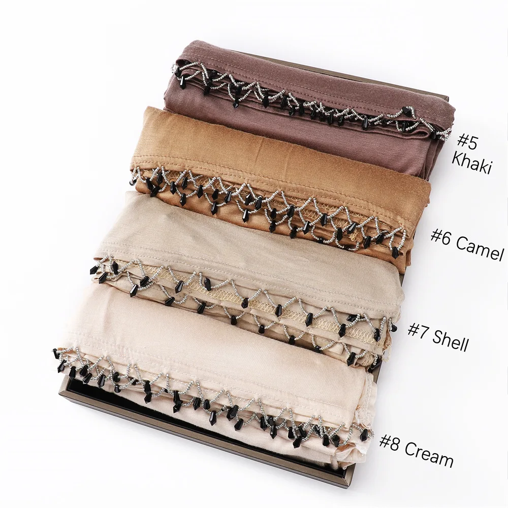Musilim Hijab Elastic Breathable Scarf Jersey with Beading Edge Jersey Hijab with Handed Made Beads Drop Tassel 70X170CM 
Musilim Hijab Elastic Breathable Scarf Jersey with Beading Edge Jersey Hijab with Handed Made Beads Drop Tassel 70X170CM