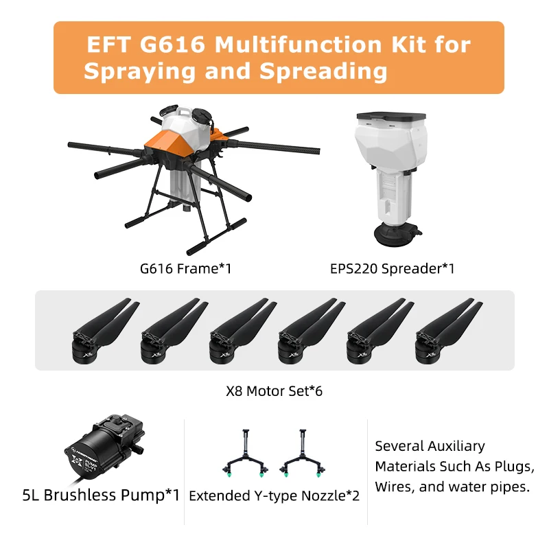 EFT G616 16KG Agriculture Drone Spreading System Multifunction Kit for Fertilizer Particle Spreading
EFT G616 16KG Agriculture Drone Spreading System Multifunction Kit for Fertilizer Particle Spreading