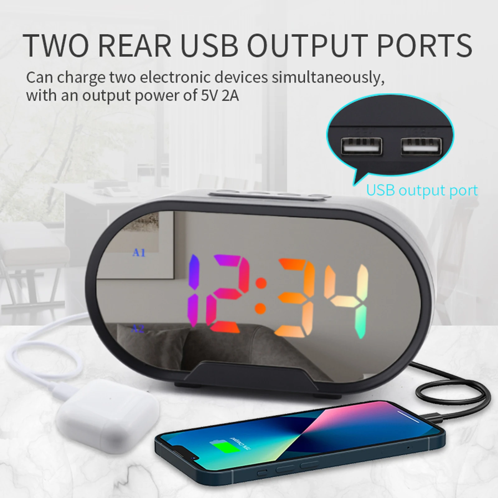 Digital Alarm Clock RGB Color Large Screen Display Infinite Brightness Adjustment Dual USB Output HD Mirror Electronic Clock
Digital Alarm Clock RGB Color Large Screen Display Infinite Brightness Adjustment Dual USB Output HD Mirror Electronic Clock