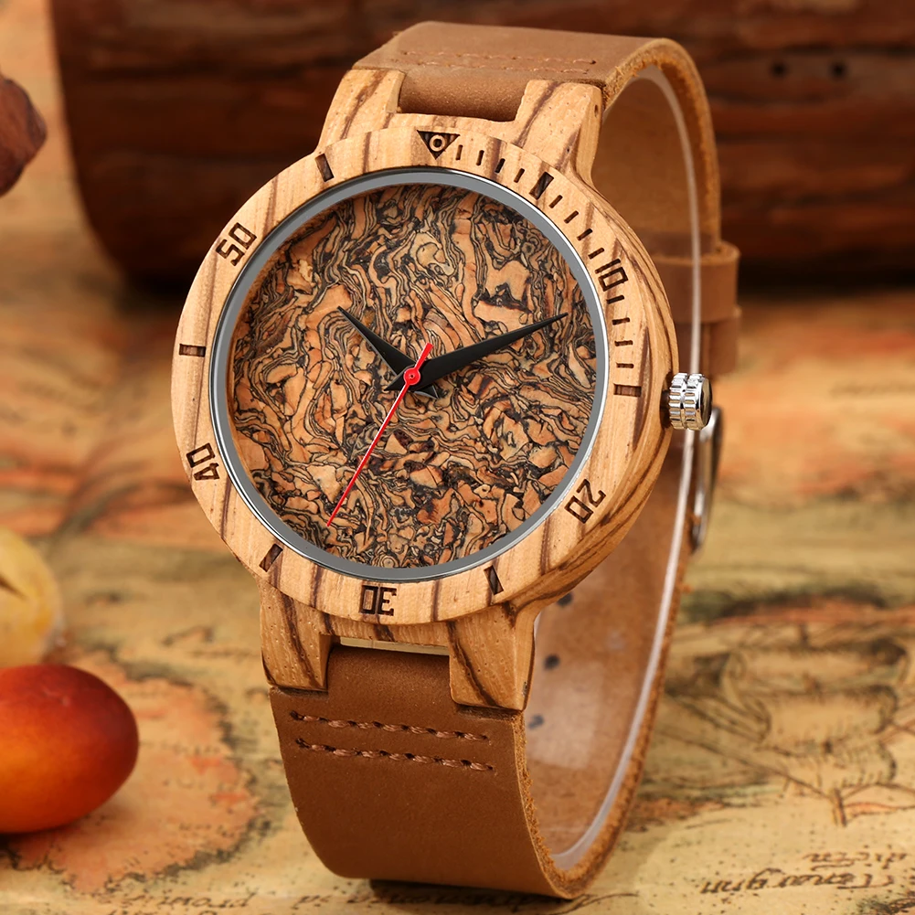 Мужские кварцевые часы Zebra Wood с цифрами и деревянным циферблатом коричневые