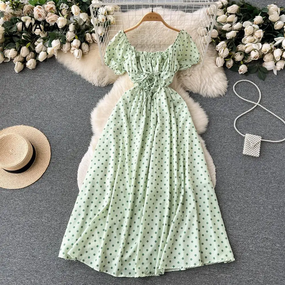 New Women Green Dots Sweet Korean A-line Long Dress Summer Ladies Square Collar Lace-up Beach Holiday Big Swing Dress Vestidos
New Women Green Dots Sweet Korean A-line Long Dress Summer Ladies Square Collar Lace-up Beach Holiday Big Swing Dress Vestidos