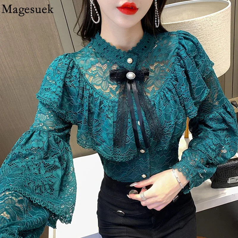 Fashion Elegant Lace Women's Shirt Autumn Vintage Crochet Ruffles Woman Blouses Bow Beading Long Sleeve Ladies Tops Blusas 16889
Fashion Elegant Lace Women's Shirt Autumn Vintage Crochet Ruffles Woman Blouses Bow Beading Long Sleeve Ladies Tops Blusas 16889