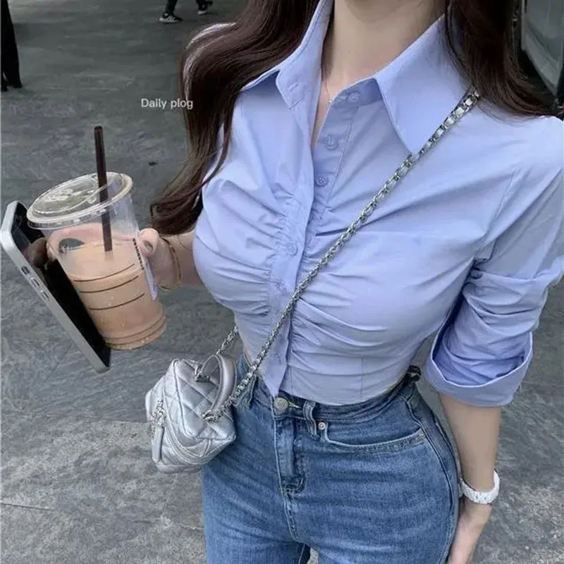 Sexy Cropped Tops Women Half Sleeve Shirt Solid Buttons Slim Fashion Folds Turn Down Collar Casual Korean Blouse Lady
Sexy Cropped Tops Women Half Sleeve Shirt Solid Buttons Slim Fashion Folds Turn Down Collar Casual Korean Blouse Lady