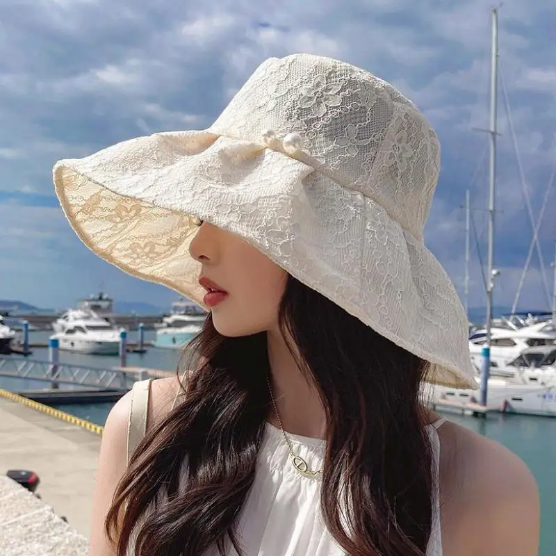 

COKK Bucket Hat Women Summer Sunshade Elegant Big Wide Fisherman Cap Floppy Hat Ladies Lace Flower Sunscreen Sun Hats Female New