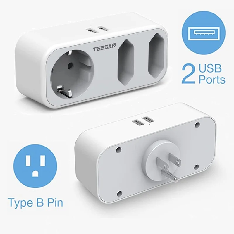 TESSAN Europe to USA Travel Adapter 3 Way Sockets Power Adapter with 2 USB Type B Plug Wall Charger for American Canada Thailand
TESSAN Europe to USA Travel Adapter 3 Way Sockets Power Adapter with 2 USB Type B Plug Wall Charger for American Canada Thailand
