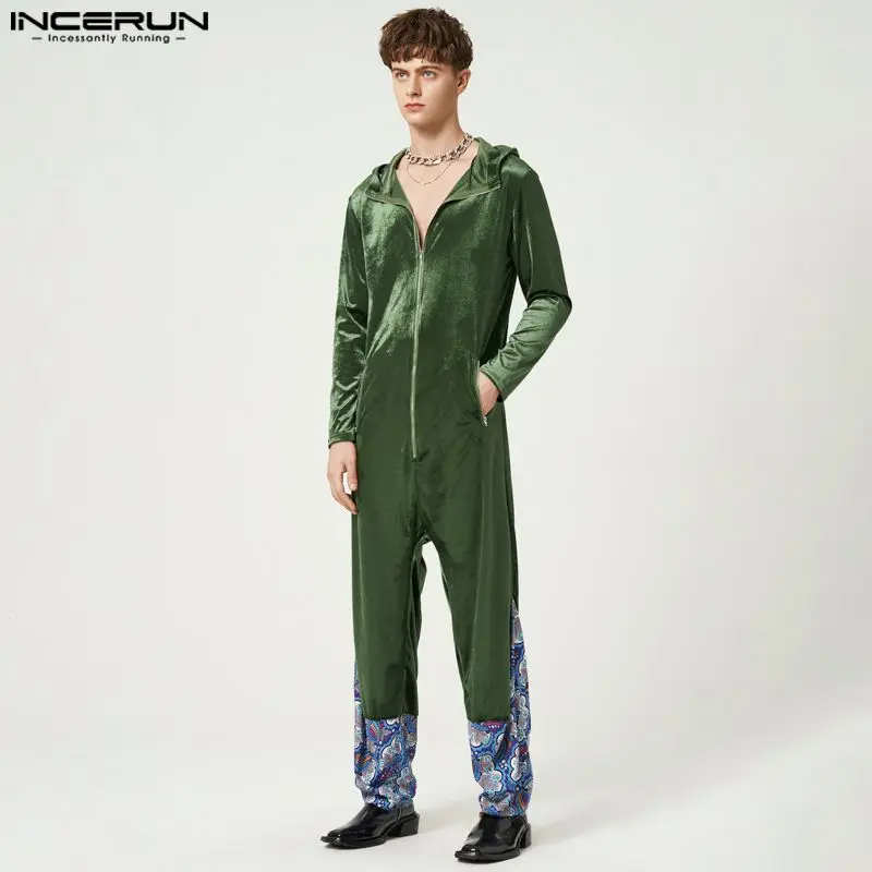 

INCERUN Tops 2023 American Style Handsome Men's Suede Hem Stitching Loose Rompers Casual Party Male Long-sleeved Jumpsuits S-5XL