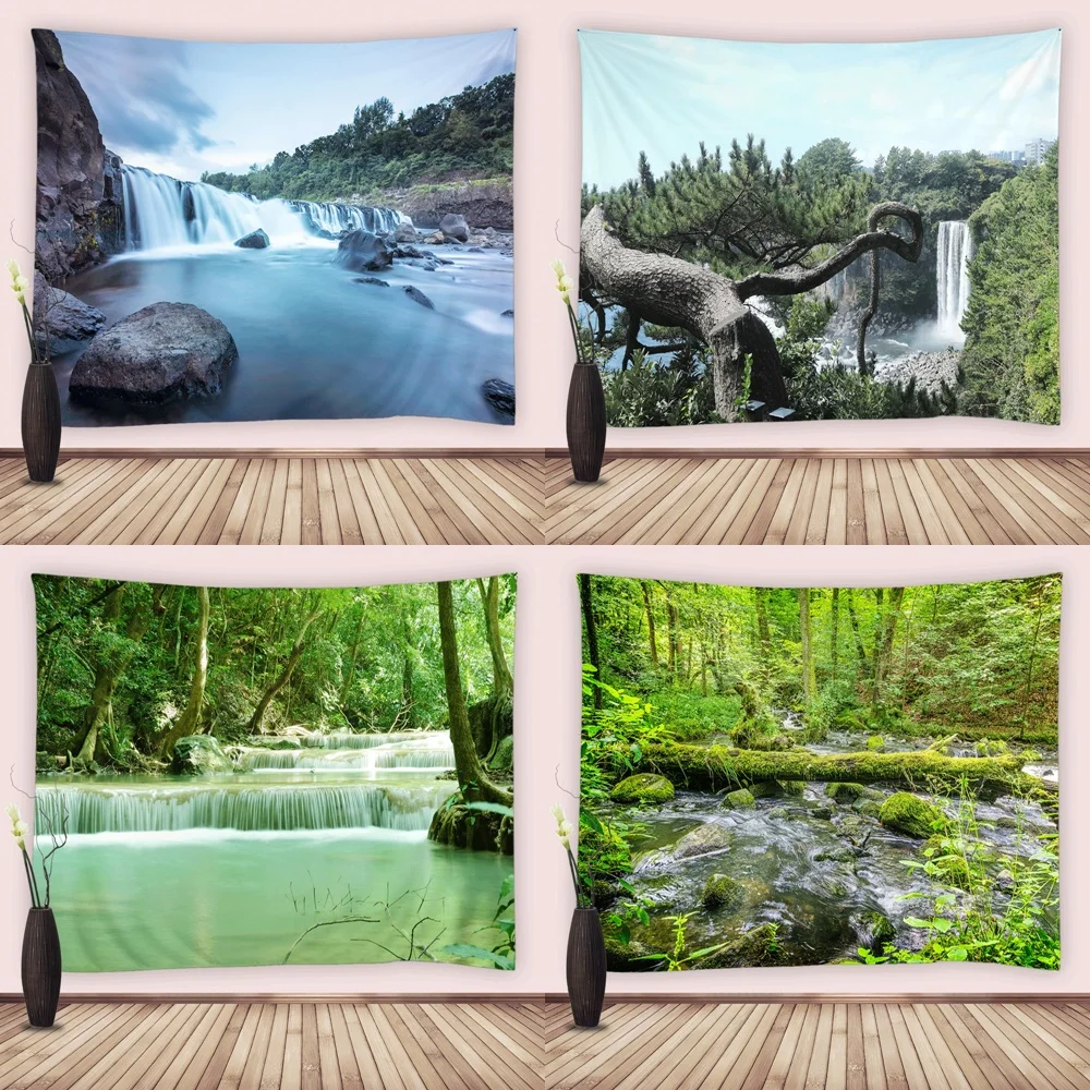 

Jungle Waterfall Tapestry Natural Green Forest Stream Landscape Wall Hanging Art Tapestries Home Decor Blanket Beach Towel Sheet