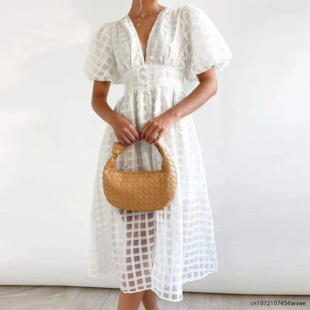 Sumer Puff Sleeve Elegant Prom Dress for Women New Hollow out Deep v-neck See Through Trend Chic Dresses for Female Lady Vestido
Sumer Puff Sleeve Elegant Prom Dress for Women New Hollow out Deep v-neck See Through Trend Chic Dresses for Female Lady Vestido