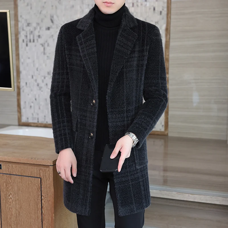 

New boutique fashion men Korean version of the Slim trend handsome tweed coat in the long paragraph windbreaker tweed top coat