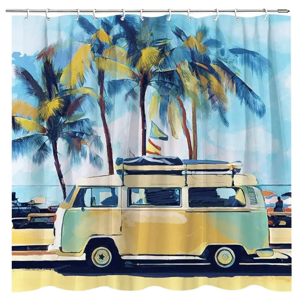 

Штора для душа с автобусом, занавеска для серфинга и ванной, Пляжная, праздничная, тропическая, дорожная, масляная живопись, в стиле ретро, для поездок на автобусе, набор штор с крючками