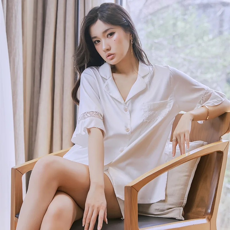 White Color Shorts Pajamas Set Female Ropa Mujer Short-sleeved Sexy Lace Hollow Decor Cute Thin Satin Summer Home Clothes Suit
White Color Shorts Pajamas Set Female Ropa Mujer Short-sleeved Sexy Lace Hollow Decor Cute Thin Satin Summer Home Clothes Suit