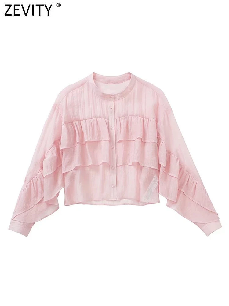 Zevity Women Sweet Pink Color Cascading Ruffle Short Blouse Lady Long Sleeve Perspective Shirt Chic Chemise Blusas Tops LS10103
Zevity Women Sweet Pink Color Cascading Ruffle Short Blouse Lady Long Sleeve Perspective Shirt Chic Chemise Blusas Tops LS10103
