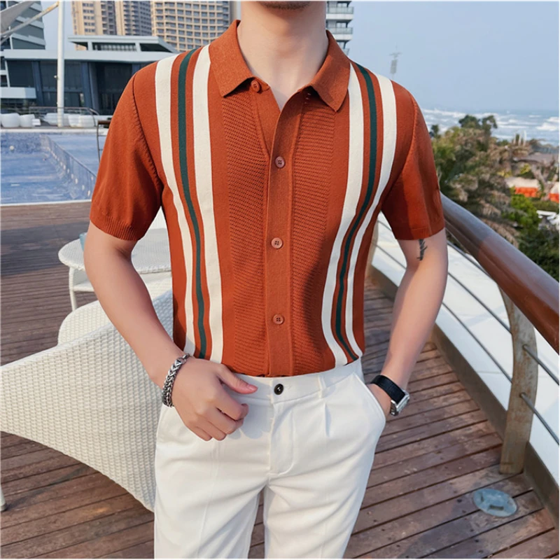 Men’s Short Sleeve Knit Shirt Vintage Stripe Lapel Collar Polo Shirt Stylish Button Down Cardigan Sweater Golf T shirt For Men
Men’s Short Sleeve Knit Shirt Vintage Stripe Lapel Collar Polo Shirt Stylish Button Down Cardigan Sweater Golf T shirt For Men