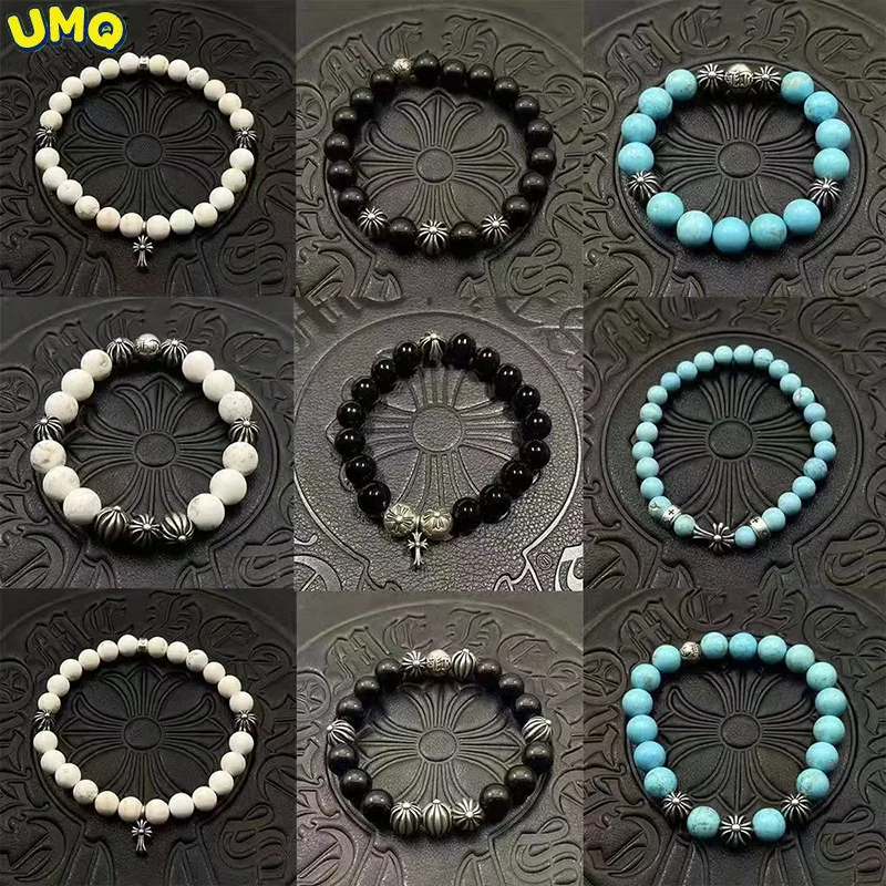 

Ch Chao Brand Croix Bracelet Male and Female Lovers 10mm Obsidian 8mm Turquoise Thai Silver Ins Buddha Beads Rosary Health