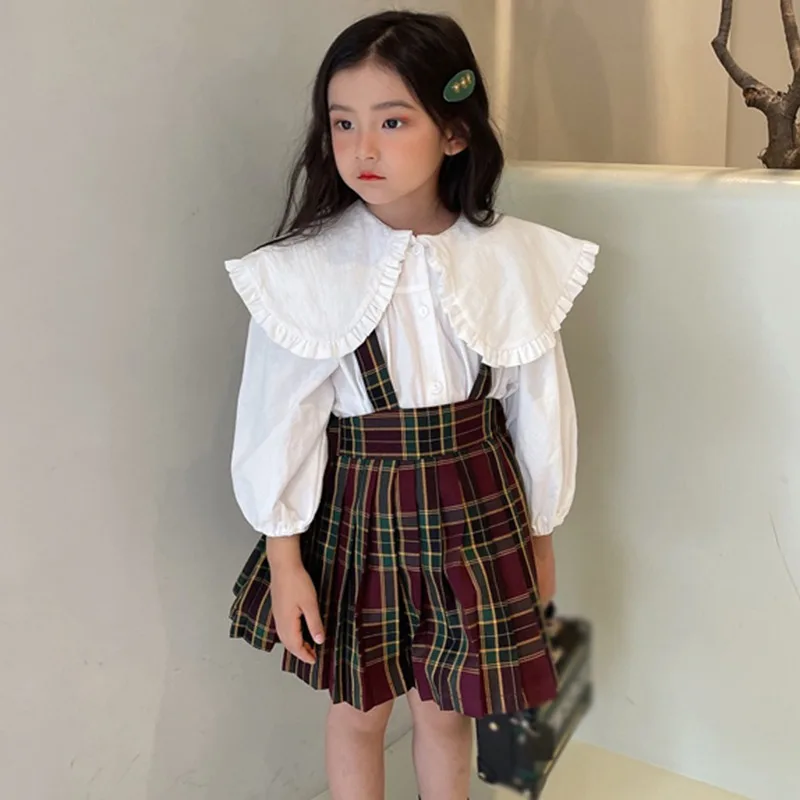 Autumn Girls Blouse Doll Collar Turn-down Shirt Fashion Children Tees Cotton Tops Long Sleeve Kid Clothing +plaid Overall skirt
Autumn Girls Blouse Doll Collar Turn-down Shirt Fashion Children Tees Cotton Tops Long Sleeve Kid Clothing +plaid Overall skirt