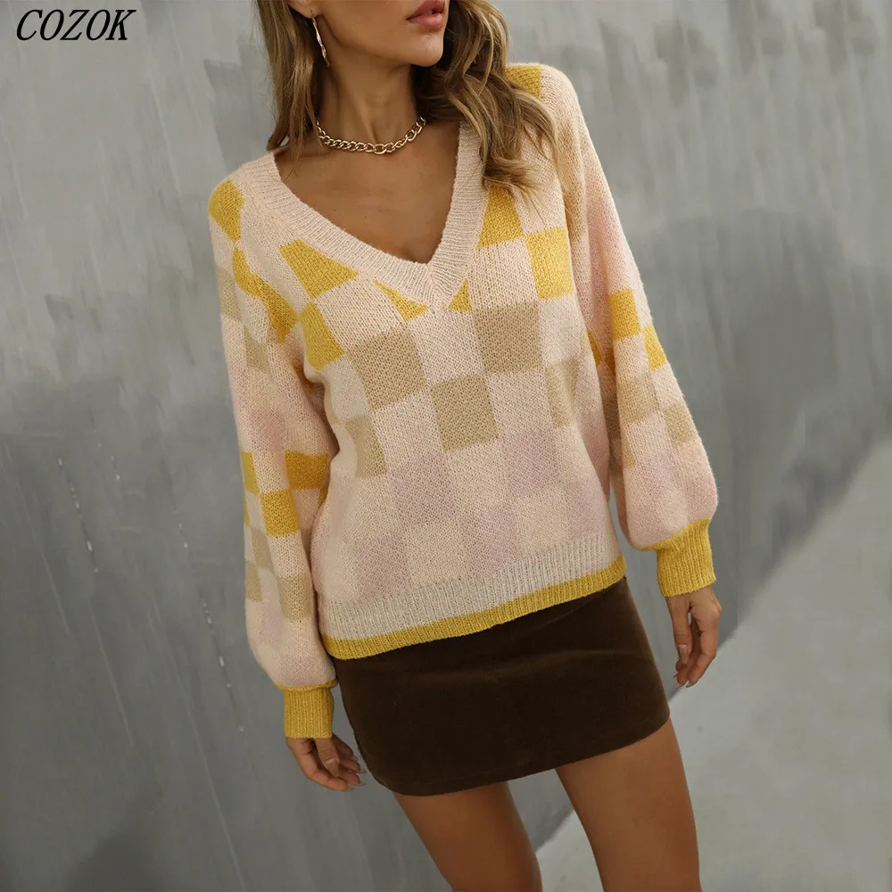 Pullover Plaid V-neck Knitted Sweater Women Autumn and Winter Casual Loose Office Ladies Sweaters Chic Vintage Dress Female
Pullover Plaid V-neck Knitted Sweater Women Autumn and Winter Casual Loose Office Ladies Sweaters Chic Vintage Dress Female