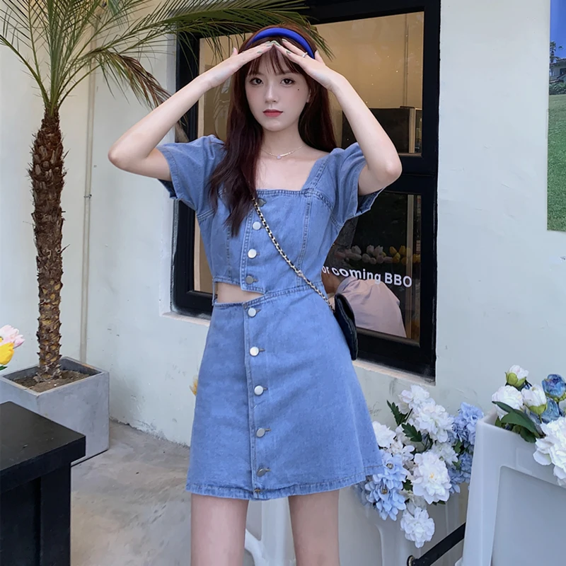 

Denim dress women's summer Korean version 2022 new spice girl waist open design feeling, waist tight and thin short sleeved skir